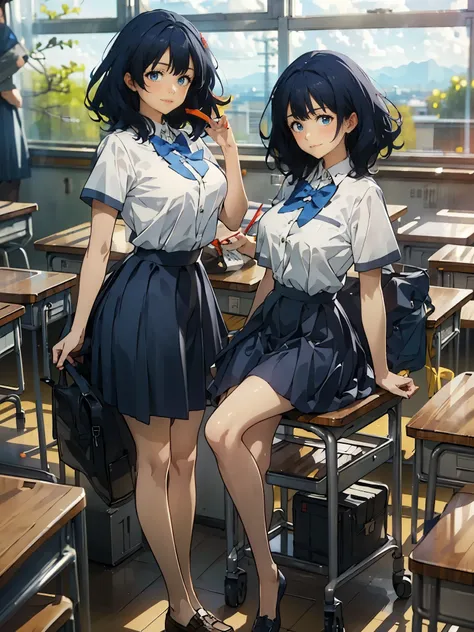 anime - style illustration of a woman in a high school uniform, anime character, official character art, full body, female anime girl, (medium hair:1.5), (smile:1.5), in the classroom, (big breasts:1.2), bare legs, plump belly, thin legs,