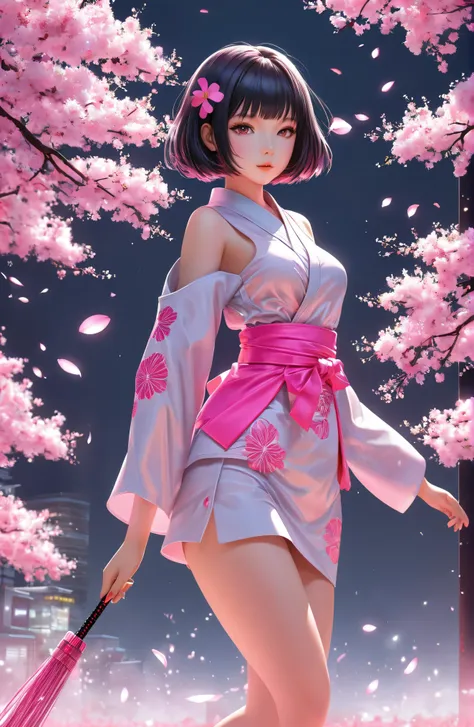 black sakura, masterpiece, neon pink bob, grey eyes, blunt cut, japanese girl, full body