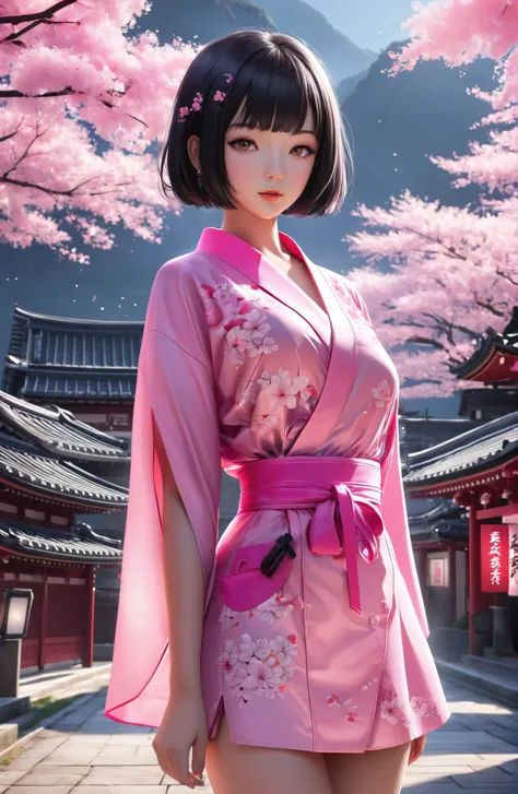 black Sakura, masterpiece, neon pink Bob, grey eyes, blunt cut, Japanese girl, full body