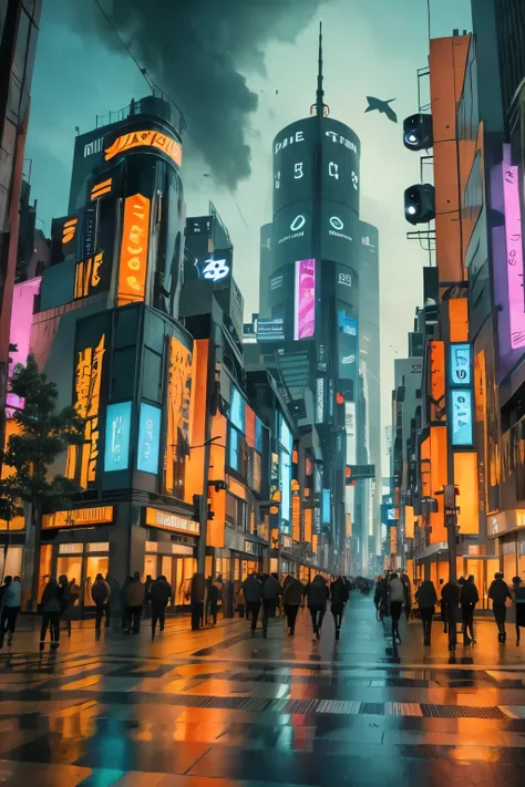HWcollar, (masterpiece, best quality:1.2), A futuristic city illuminated by neon lights, with glowing plants, buildings that resemble circuit boards, roads flowing with liquid light, and colorful beams of light and spaceships in the sky.