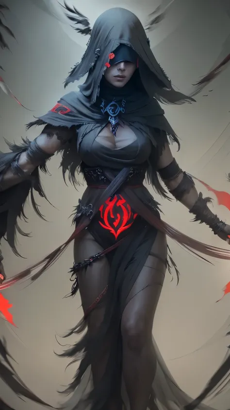 a woman surrounded by crows, blindfolded with a black cloth without showing her eyes, using magic like a black mist and red runes, feathers, dark fantasy, intricate details, cinematic lighting, dramatic atmosphere, somber colors, chiaroscuro, hyper-detaile...