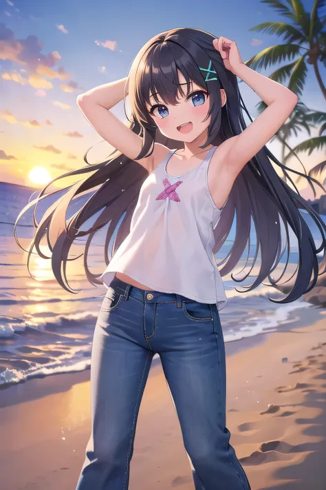 masterpiece,best quality,ultra detail,1girl, 14yo,petite,Laugh happily,background((Hawaii, Waikiki, Palm tree, Beach, sunset)),sunshine,cloud, beautiful silver long hair, hair ornament, x hair ornament,Raise your arms and bring them behind your head,White ...