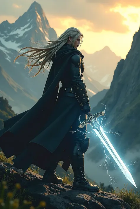 Sephiroth with a realistic lightning sword, extremely detailed, threatening, powerful, dark golden hour, forest mountains in the background, concept art, Ross Tranrao style.