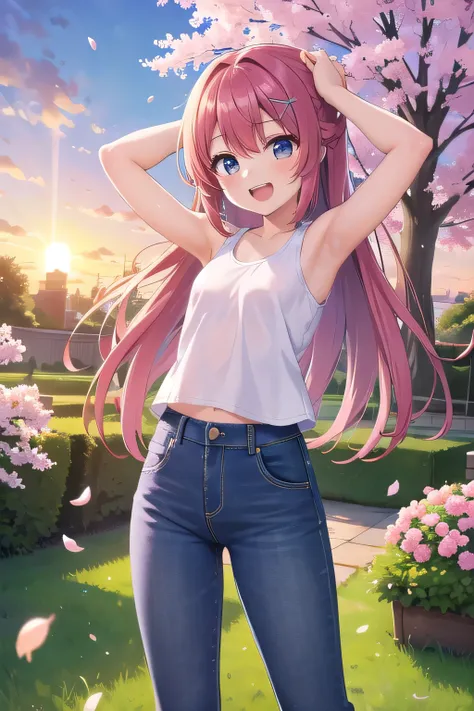 masterpiece,best quality,ultra detail,1girl, 14yo,petite,Laugh happily,background((sakura tree, garden, sunset)),sunshine,cloud, beautiful yellow long hair, hair ornament, x hair ornament,Raise your arms and bring them behind your head,White teeth, white t...