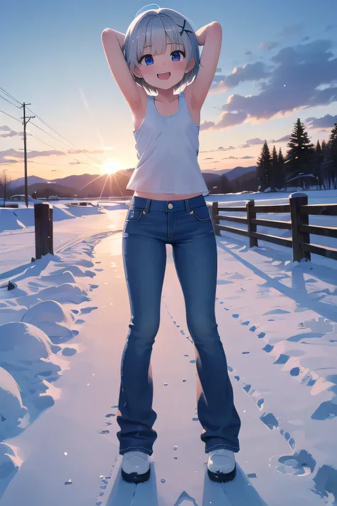 masterpiece,best quality,ultra detail,1girl, 14yo,petite,Laugh happily, winter，snow，dusk，Beautiful sunshine, cloud, beautiful silver short hair, hair ornament, x hair ornament,Raise your arms and bring them behind your head,White teeth, white tank tops, je...