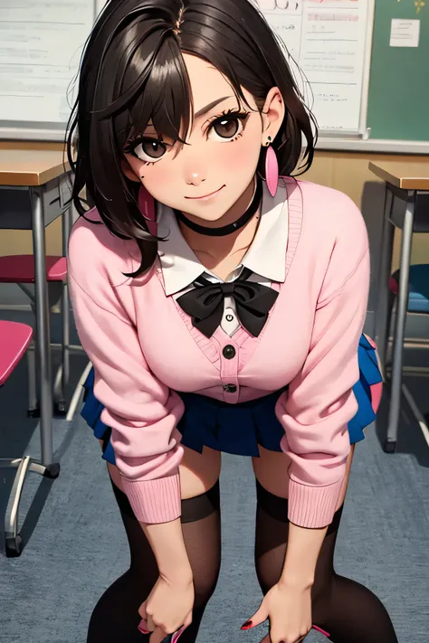 masterpiece, best quality,
1girl, outfitpss, medium breasts, brown hair, brown eyes, medium hair, black choker, earrings,  jewelry,
pink sweater, pink cardigan, earrings, jewelry, black choker, white shirt,  school uniform, collared shirt, red bowtie,blue ...