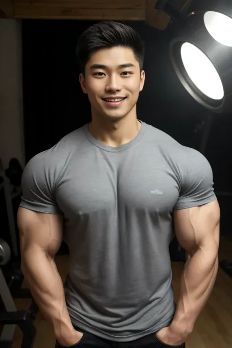 highest quality, 8k, masterpiece、cool chinese bodybuilder, a young asian man、 good appearance、beautiful nose、smile、 detailed eye...