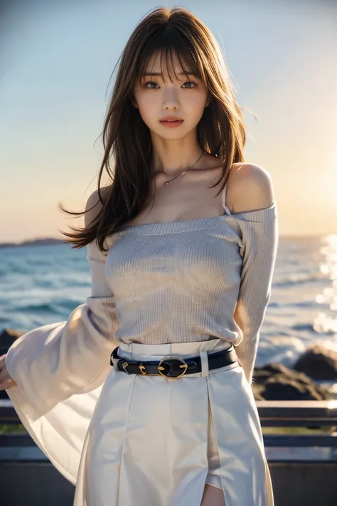 night view、Off the shoulder、 white t-shirt and jeans、Light brown hair and bangs、Elegant hairstyle、Blue Eyed Woman、A woman with a cute upward gaze、When the sky gets dark、Elegant summer knitwear、Elegant no sleave sweater、Leather Belt))、privates cute、Her ampl...