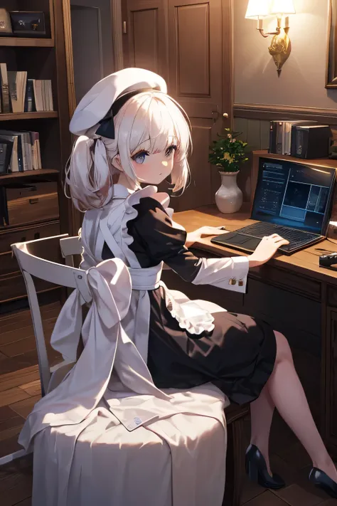 maid without a girl's headpiece, playing an mmorpg , computer(sitting frente a la computer), fondo room, background house (room)...