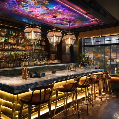  clear focus 、 PROFESSIONAL LIGHTING 、 bright color彩、 creates extremely detailed, high quality images 、超 real、  CREATE VERY DETAILED HIGH QUALITY IMAGES、 bar area with high stools 、 display of various spirits 、 drink shelves, etc. 、 and sensory loss {x} to...