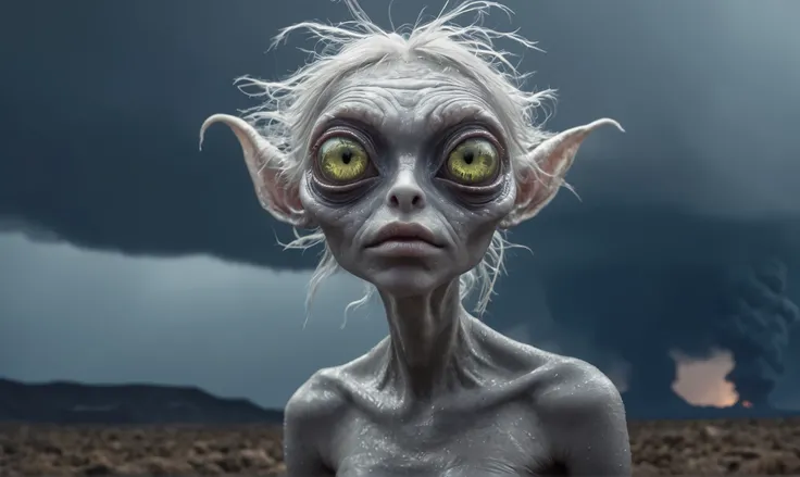 pretty face,eyebrow up,full body length, niobium ,swampy angry fairy,full body length shot,very beggar niobium graphite The Alien Entity, baby,starving after war,full body shot, of psychedelic style ,The iris looks weird, attractive, The stars in space is ...