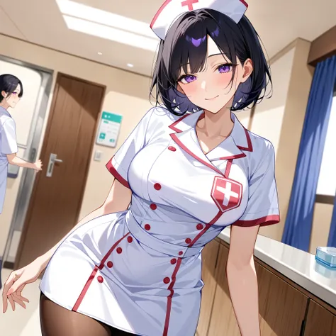 head tilt、 light smile、Half-closed eyes、blush、Beautiful mature nurse woman 、 black hair short hair、 light purple eyes, nurse costume、Nurse cap、 brown pantyhose、 cowboy shot、hospital、A ward、(masterpiece:1.2)、(Best Quality:1.2)、( very aesthetic :1.2)、( absur...