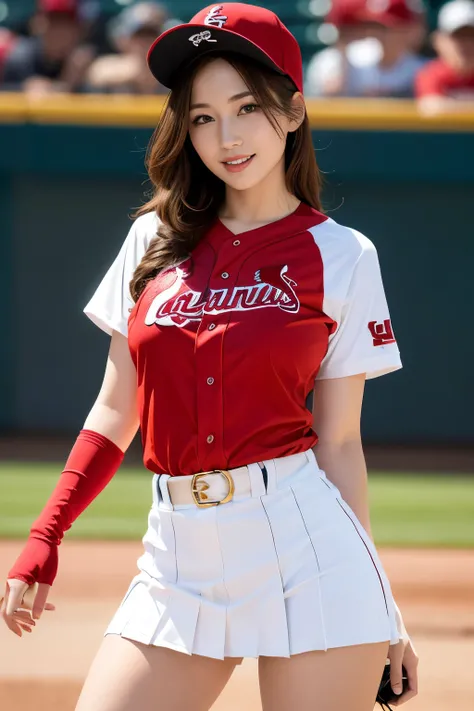((best quality)), ((masterpiece)), (detailed), 1girl,baseball player on baseball stadium,((clothed:1.1)),(St. Louis Cardinals uniform),sexy red with white color baseball uniforms,wearing red baseball cap ,baseball mittens ,hold baseball bats,(pleated mini ...