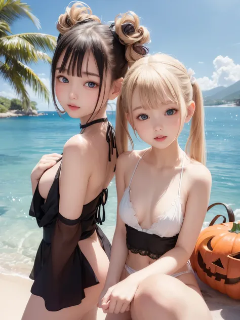 ((masterpiece)), ((highest quality、Ultra high definition)), (Very detailed),8k、Photo quality、((Amazingly cute girl))ld girl)), Two people, , (Beautiful emerald blue eyes), ((smile)),In the open-air bath overlooking the sea, Beautifully arranged blond hair ...