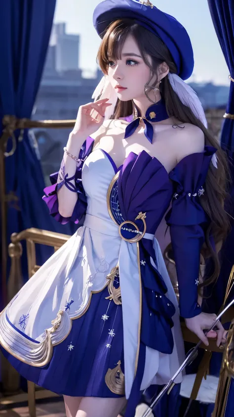    alone ， brown hair   ,   , pale skin   ,  Bow and Arrow,  with sapphire eyes   ,  butterfly festival decoration， with dark blue flowers and wide    {ten个}   装饰 with dark blue flowers and wide  {ten}  wearing a blue dress with black decorations  ,   A wo...