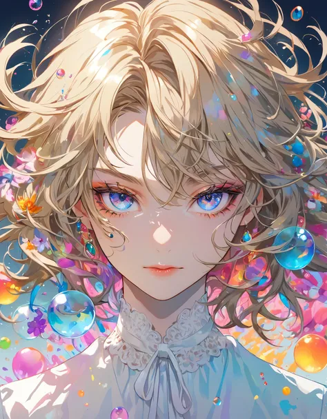 (masterpiece), (best quality), (ultra detailed),(disheveled hair),(illustration), (1man), standing, Fashion model, looking at viewer, (interview), (detailed background),beautiful detailed eyes, delicate beautiful face, Floating,(high saturation),(colorful ...