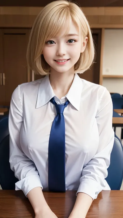  table top、Best Quality、  very detailed、 high definition、8K wallpaper、 perfect dynamic configuration,、delicate beautiful eyes、schoolgirl, tits、Beautiful breasts、(Big Breasts:1.3) 、Blue blazer、 white shirt 、Stop the button on the shirt、 red tie 、 teenage gi...