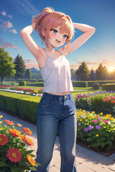 masterpiece,best quality,ultra detail,1girl, 14yo,petite,Laugh happily,background((flowers, garden, beautiful sunrise)),sunshine,cloud, beautiful yellow ponytail hair, hair ornament, x hair ornament,Raise your arms and bring them behind your head,White tee...