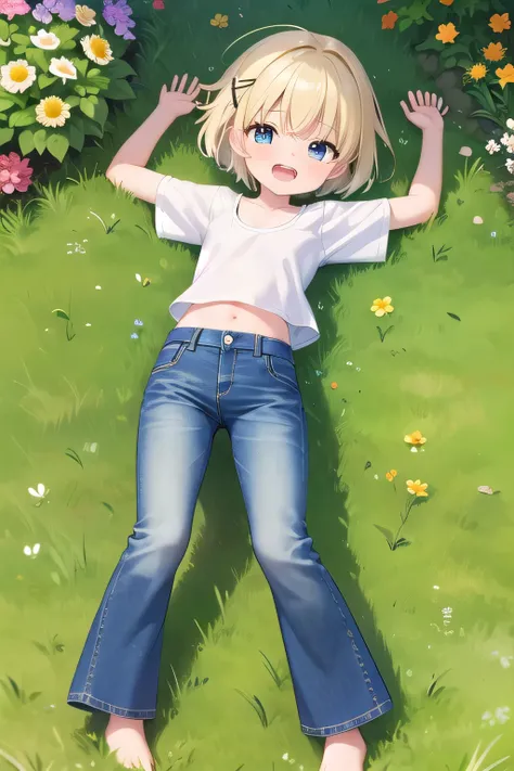 masterpiece,best quality,ultra detail,1girl, 14yo,petite,Laugh happily,background((grass, garden, beautiful sunshine)), beautiful yellow short hair, hair ornament, x hair ornament,Raise your arms and bring them behind your head,White teeth, White bikini To...