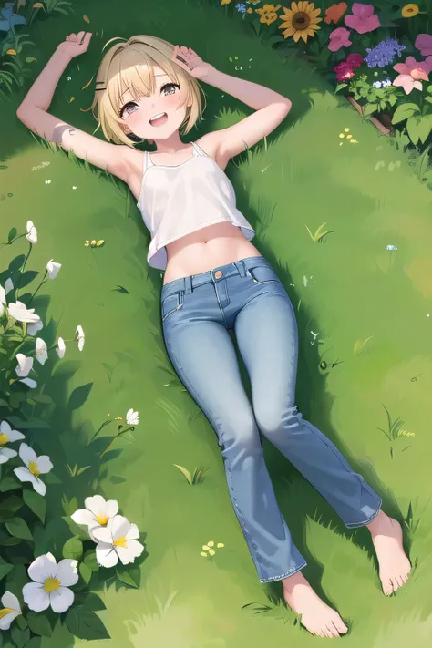 masterpiece,best quality,ultra detail,1girl, 14yo,petite,Laugh happily,background((grass, garden, beautiful sunshine)), beautiful yellow short hair, hair ornament, x hair ornament,Raise your arms and bring them behind your head,White teeth, White bikini To...