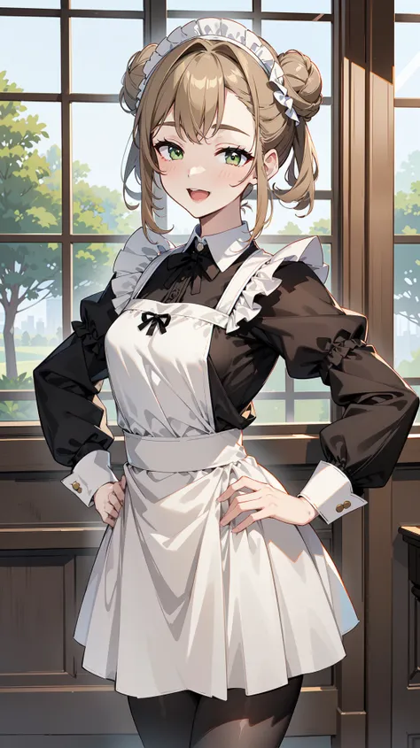 (masterpiece, best quality, ultra high quality, 1girl, solo), (성숙한 26세 여성), (small face), (She has good body proportions.), (open mouth), (Light Khaki Brown double bun hairstyle), (Olive Green eyes), (small breasts), (neutral), onee-chan, (wearing a victor...