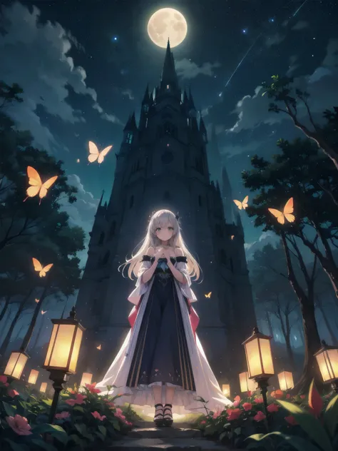 Ultra-high-resolution, magical atmosphere, vibrant colors, dynamic lighting.
BREAK
Girl with long silver hair, emerald eyes, in gown of leaves and flowers. Standing on giant tree branch over mystical forest with floating lanterns, glowing butterflies. Fant...