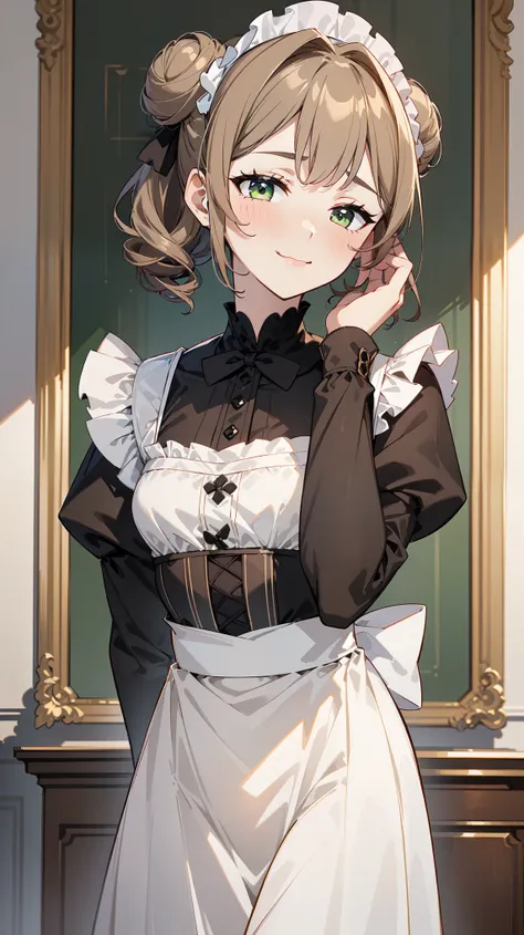 (masterpiece, best quality, ultra high quality, 1girl, solo), (성숙한 28세 여성), ((small face)), ((She has good body proportions.)), (Light Khaki Brown double bun hairstyle), (Olive Green eyes), (small breasts), (neutral), onee-chan, (wearing a victorian white ...