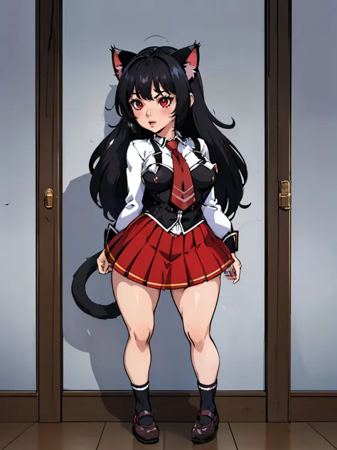  ((junkotvv black hair, fringe, cat ears, red eyes)), black bible ,  big breasts,  Full Body Shot,  white shirt , tight red skirt, classroom background