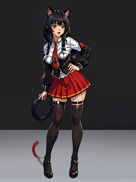  ((junkotvv black hair, fringe, cat ears, red eyes)), black bible ,  big breasts,  Full Body Shot,  white shirt , tight red skirt, classroom background