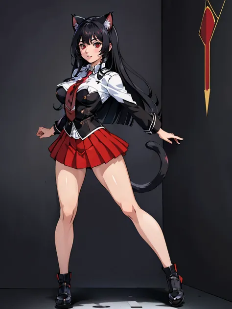  ((junkotvv black hair, fringe, cat ears, red eyes)), black bible ,  big breasts,  Full Body Shot,  white shirt , tight red skirt, classroom background