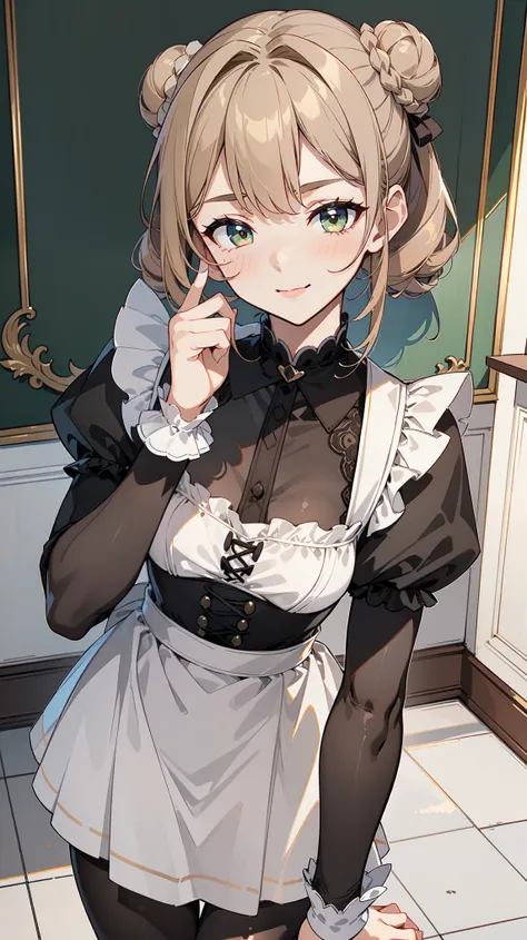 (masterpiece, best quality, ultra high quality, 1girl, solo), (((성숙한 28세 여성))), (((small face))), (((She has good body proportions.))), (Light Khaki Brown double bun hairstyle), (Olive Green eyes), (small breasts), (neutral), onee-chan, (wearing a victoria...