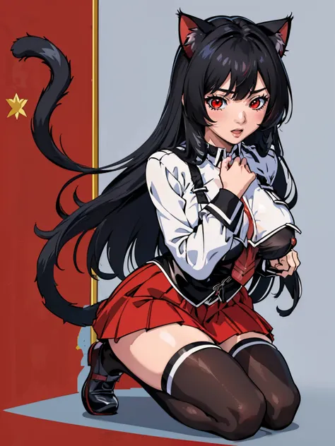  ((junkotvv black hair, fringe, cat ears, red eyes)), black bible ,  big breasts,  Full Body Shot,  white shirt , tight red skirt, classroom background