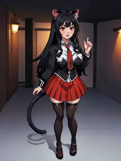  ((junkotvv black hair, fringe, cat ears, red eyes)), black bible ,  big breasts,  Full Body Shot,  white shirt , tight red skirt, classroom background