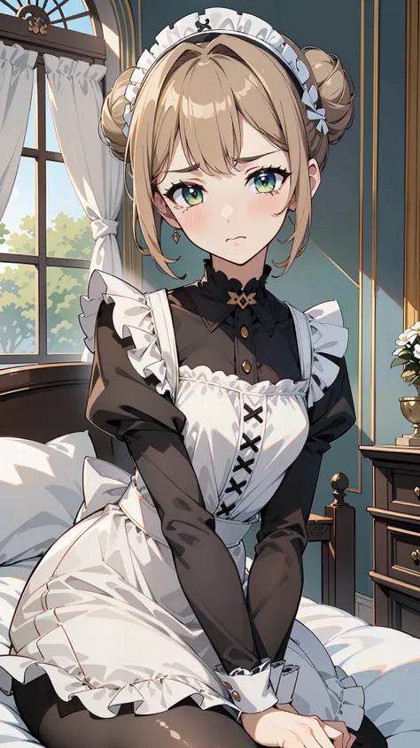 (masterpiece, best quality, ultra high quality, 1girl, solo), (((성숙한 28세 여성))), (((small face))), (((She has good body proportions.))), (Light Khaki Brown double bun hairstyle), (Olive Green eyes), (small breasts), (neutral), onee-chan, (wearing a victoria...