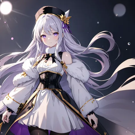 Create an anime-style character of a beautiful young woman with long, flowing silver hair and captivating purple eyes. She is wearing a winter-themed outfit with a fluffy, white, fur-lined dress and matching hat. The dress has intricate black and gold deta...