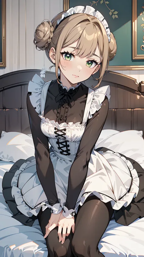 (masterpiece, best quality, ultra high quality, 1girl, solo), (((성숙한 28세 여성))), (((small face))), (((She has good body proportions.))), (Light Khaki Brown double bun hairstyle), (Olive Green eyes), (small breasts), (neutral), onee-chan, (wearing a victoria...