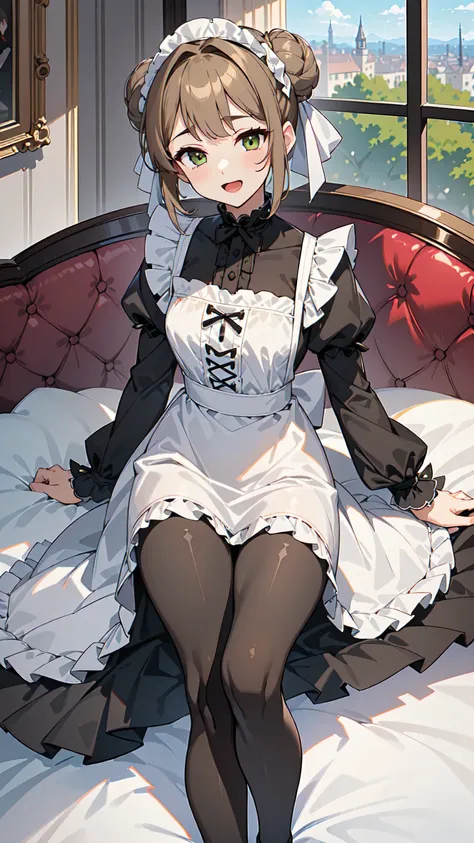 (masterpiece, best quality, ultra high quality, 1girl, solo), (((성숙한 25세 여성))), (((small face))), (((She has good body proportions.))), (Light Khaki Brown double bun hairstyle), (Olive Green eyes), (small breasts), (neutral), onee-chan, (wearing a victoria...