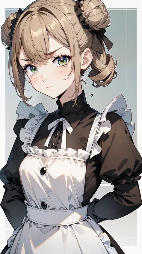 (masterpiece, best quality, ultra high quality, 1girl, solo), (((성숙한 25세 여성))), (((small face))), (((She has good body proportions.))), (Light Khaki Brown double bun hairstyle), (Olive Green eyes), (small breasts), (neutral), onee-chan, (wearing a victoria...