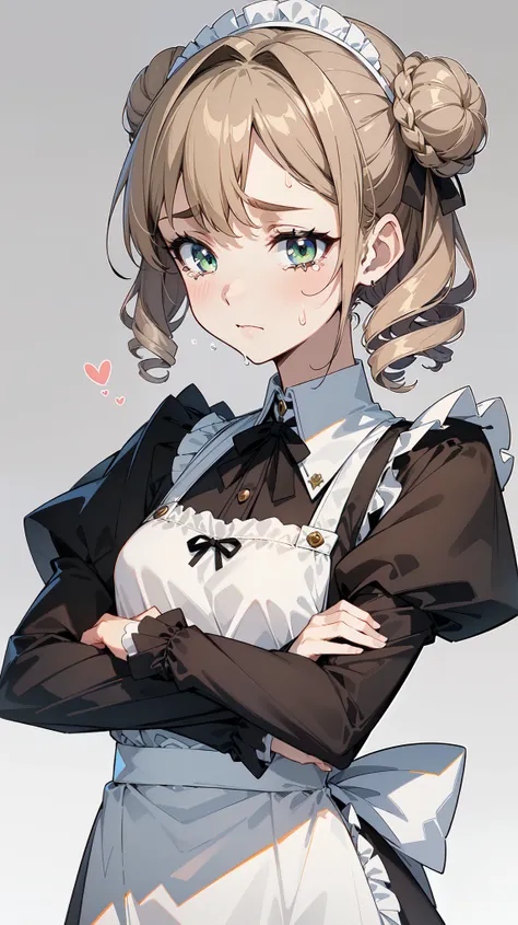 (masterpiece, best quality, ultra high quality, 1girl, solo), (((성숙한 25세 여성))), (((small face))), (((She has good body proportions.))), (Light Khaki Brown double bun hairstyle), (Olive Green eyes), (small breasts), (neutral), onee-chan, (wearing a victoria...