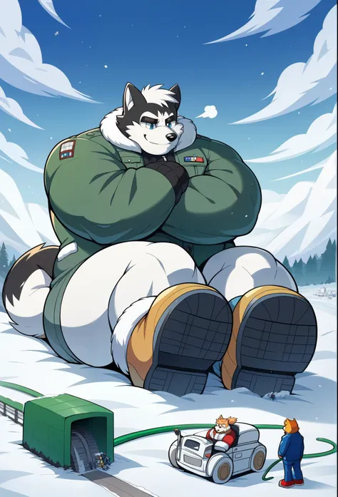 nj5furry, Alaskan Malamute, ，  beast field  ，pummelig, thick arms，strong muscles，Winter jacket，Plush  ，chubby face，  black eyebrows  ，sky blue eyes，  Black lumberjack beard，  good-natured smile， Lying on the snow ,on the stomach, Vati , (From underneath:1....