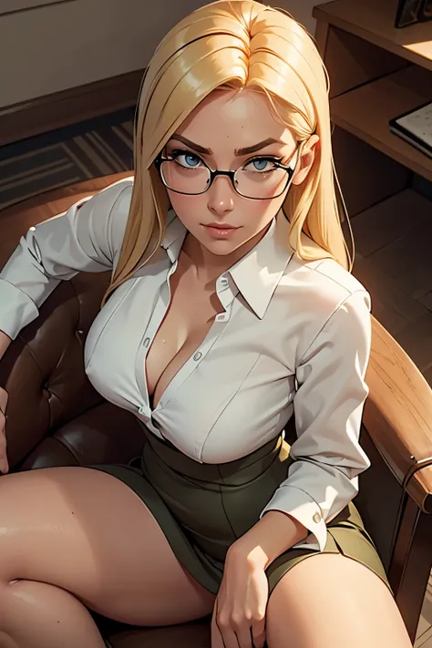 close shot from above, candid, a sexy blonde secretary is crossing her legs while sitting on a chair, dutiful, neutral expression, serious, detailed face with beautiful eyes, olive skin, slender, fit, firm and generous breasts, glasses, professional attire...