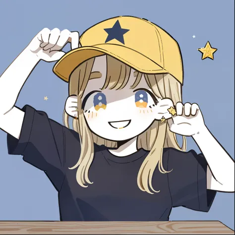 masterpiece , best quality, 1 Girl, brown eyes , Baseball Cap , hair, Smile, blue background, have, star stud earrings , Jewelry, view viewer, 长长的白色hair, Simple Background , alone , Upper body, black shirt,hide fingers ,(No Hands:1.2)