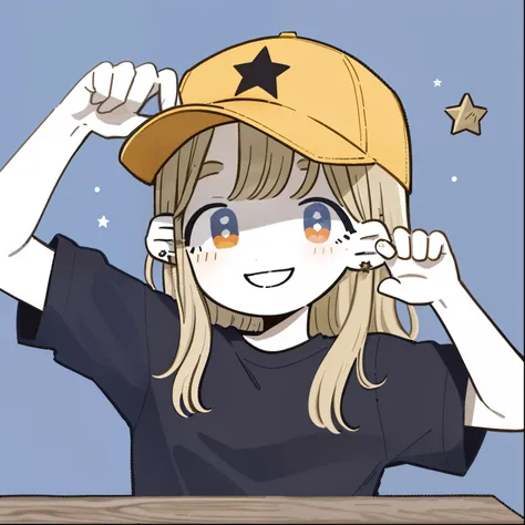 masterpiece , best quality, 1 Girl, brown eyes , Baseball Cap , hair, Smile, blue background, have, star stud earrings , Jewelry, view viewer, 长长的白色hair, Simple Background , alone , Upper body, black shirt,hide fingers ,(No Hands:1.2)