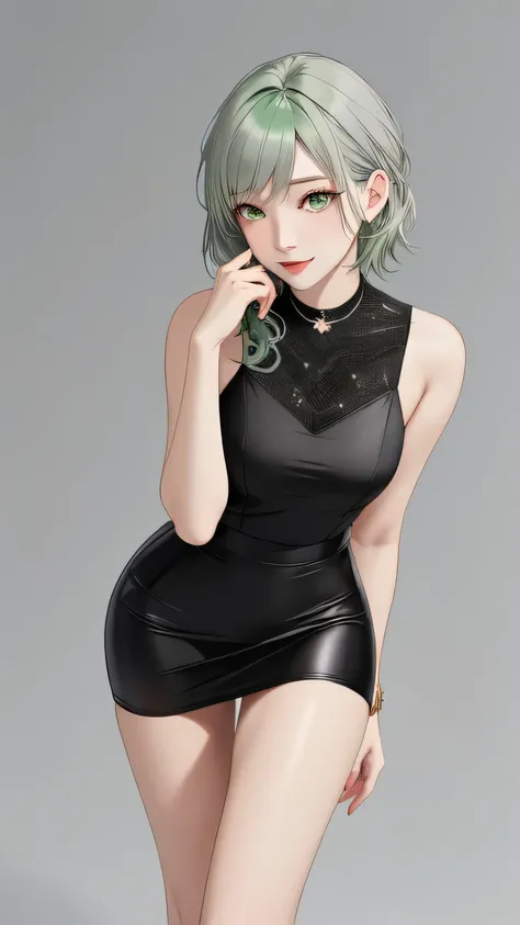 woman　 rock outfit　punk　image color　green　grey hair　 slender eyes　 standing above the knee　black clothing　green色のアクセサリー　green ey...