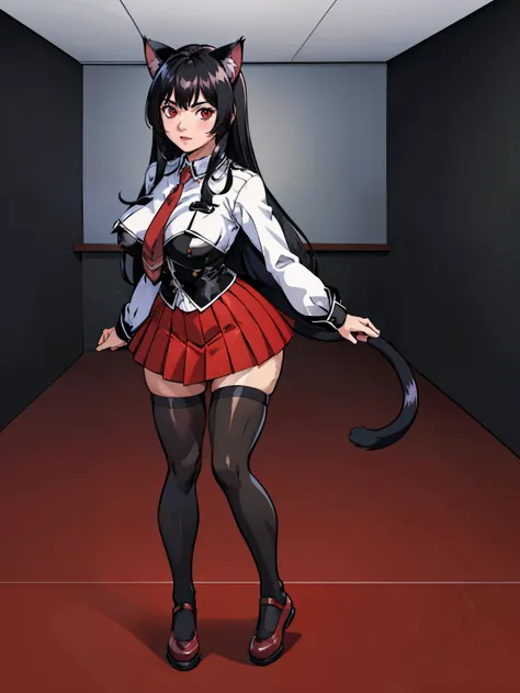  ((junkotvv black hair, fringe, cat ears, red eyes)), black bible ,  big breasts,  Full Body Shot,  white shirt , tight red skirt, classroom background