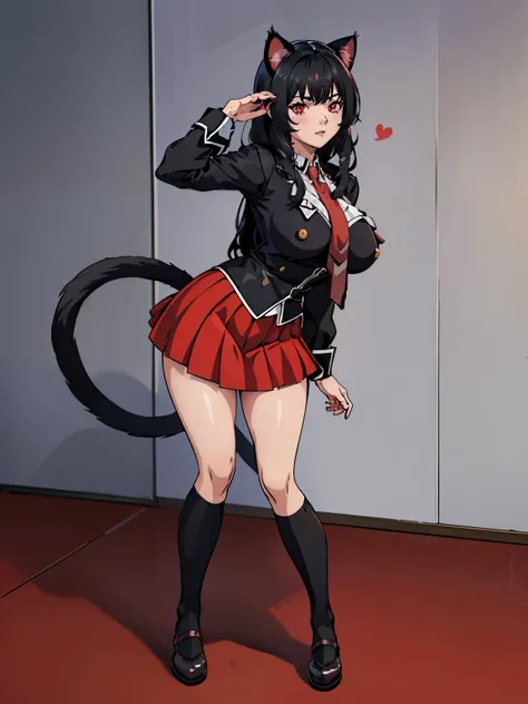  ((junkotvv black hair, fringe, cat ears, red eyes)), black bible ,  big breasts,  Full Body Shot,  white shirt , tight red skirt, classroom background