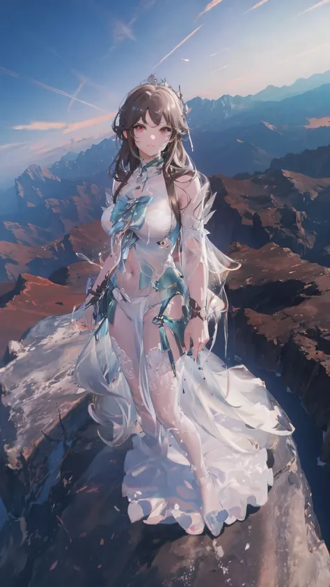  a beautiful woman intique costume，Standing on the top of the mountain， fisheye perspective，8k，Ultra HD，Clear facial features