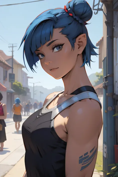 fantasy,concept art there is a woman with blue hair taking a selfie, short blue hair, with blue hair, blue short hair, short blue hair!!!, messy blue hair, halfbody headshot, blue hairs, blue hair, short blue haired woman, chloe price, sky blue highlights ...