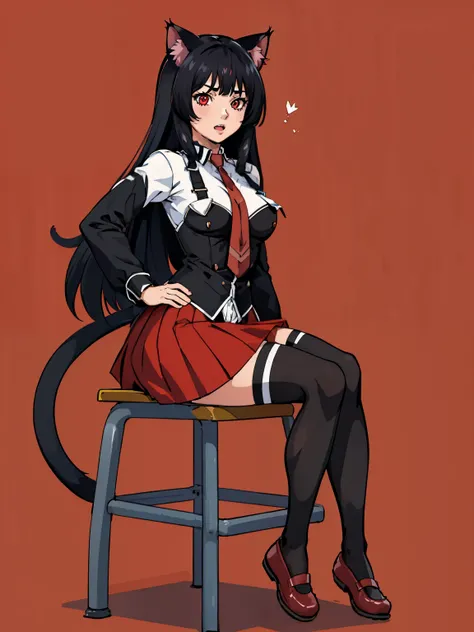  ((junkotvv black hair, fringe, cat ears, red eyes)), black bible ,  big breasts,  Full Body Shot,  white shirt , tight red skirt, classroom background