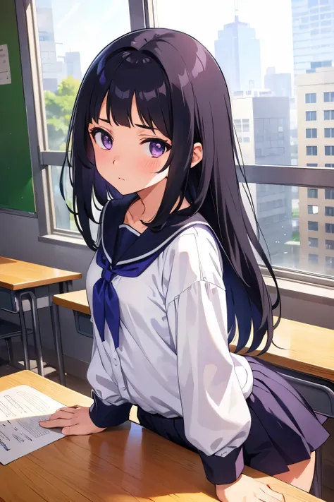 elementary school  toddler flat chest black hair 　bob　 straight long hair　　purple eyes　 embarrassed expression（（one person））　upp...